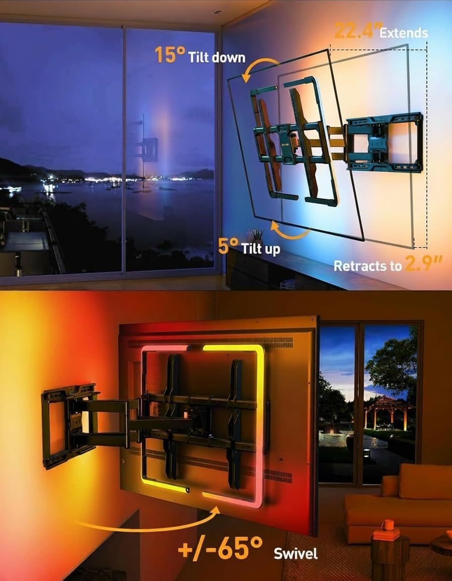 Perlegear AuraFrame™ Full Motion TV Wall Mount - LED Light, Tilt & Swivel for 42"-90" TVs Up to 150 lbs | Max VESA 600x400mm