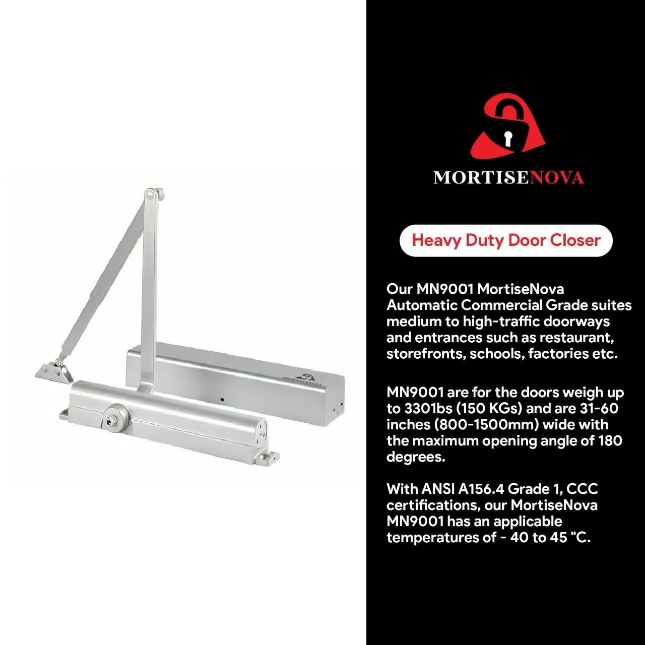Commercial Door Closer Grade 1 Hydraulic Extra Heavy Duty Self-Closing Adjustable Size 1–6 ADA Compliant ANSI/BHMA Certified UL Fire-Rated (MN9001 - Heavy Duty Door Closer)