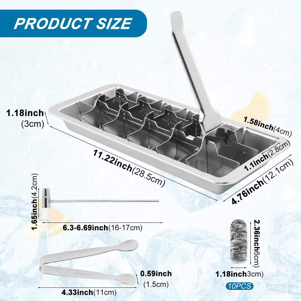 Stainless Steel Ice Cubes Tray With Ice-Clips,Hammer,10 anti-cut Finger Cots,(11", 18 cubes) Metal Ice-Tray with Release Lever Remove Handle for Making Various Ice-Cubes(silver,Size:11inch)
