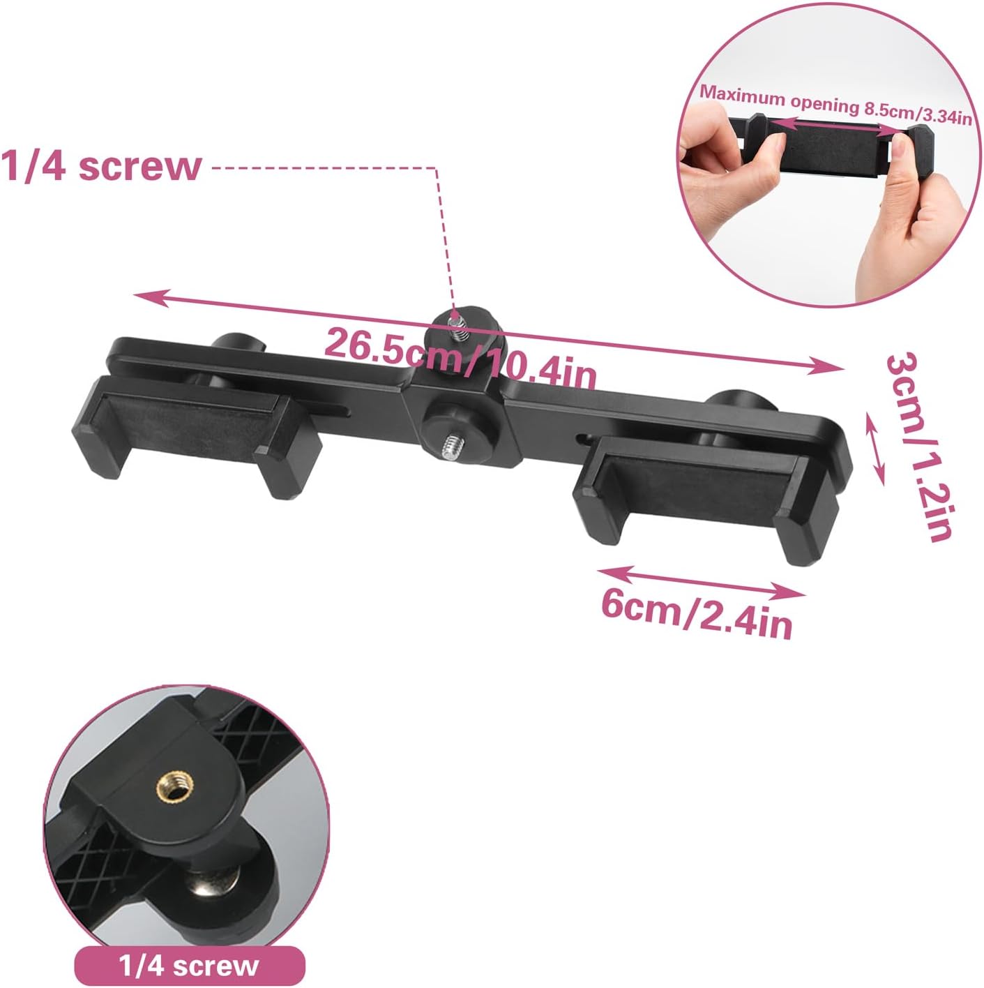 JoyHuaTrade 360 1/4'' Dual Phone Holder Phone Tripod Mount Adapter, Universal Rotation Adjustable Clip Stand for Vlog