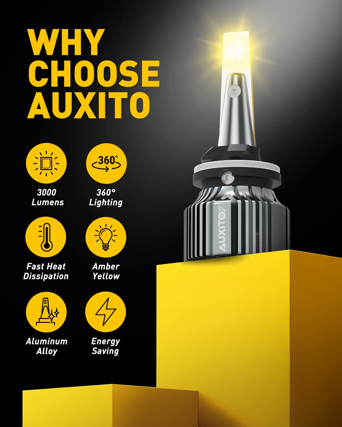 AUXITO LED Fog Light Bulbs, 3000K Amber Yellow, 30W 6000LM, Wireless, Plug and Play, 880/899 Size, Pack of 2