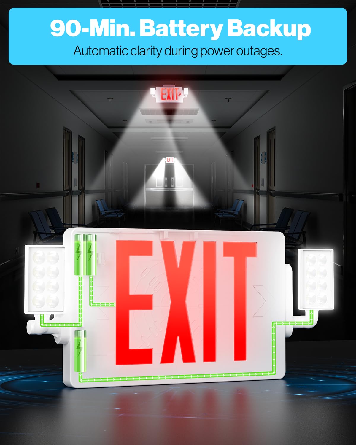 Sunco 12 Pack Exit Signs with Emergency Lights, Two Adjustable LED Lights with Backup Battery, Red, 94V-0 Fire Resistant, 120-277V, Wall Or Ceiling Mount, Commercial Grade UL.