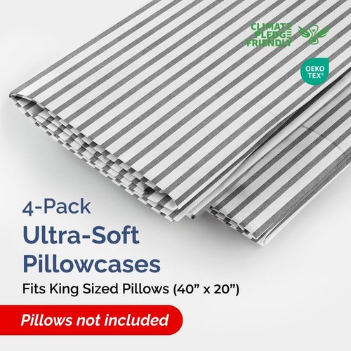 King Pillow Cases by [Brand Name] - Ultra Soft Hotel Quality Covers | 4-Piece Set in Grey Stripes - Wrinkle Free & Fade Resistant