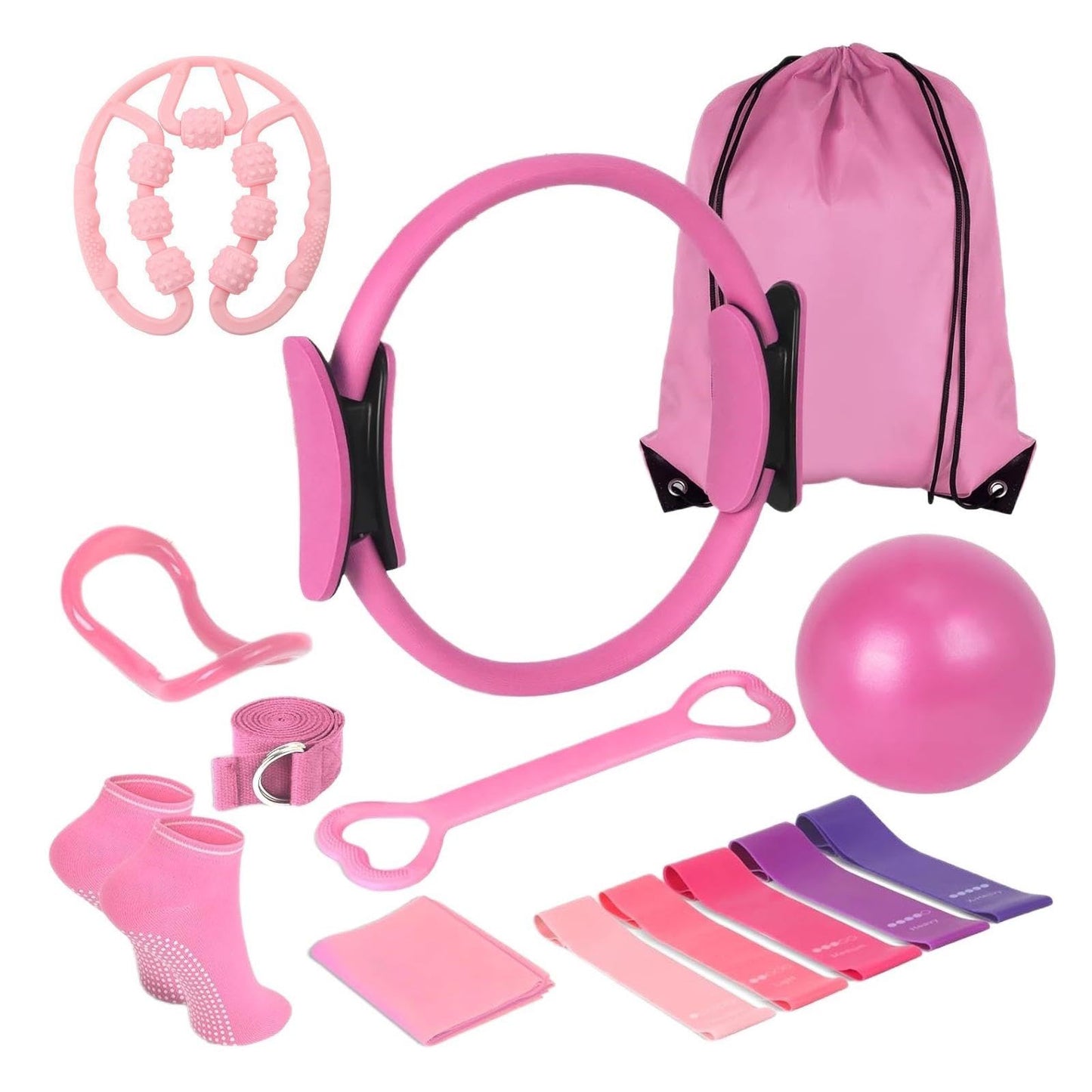 Yonderfume Pilates Essentials Kit for Women, 14 Pcs Home Workout Equipment with Pilates Circle Ball Ring Set Resistance Bands and Anti Slip Sock, Yoga Pilate Essentials Accessories(Color:Pink)