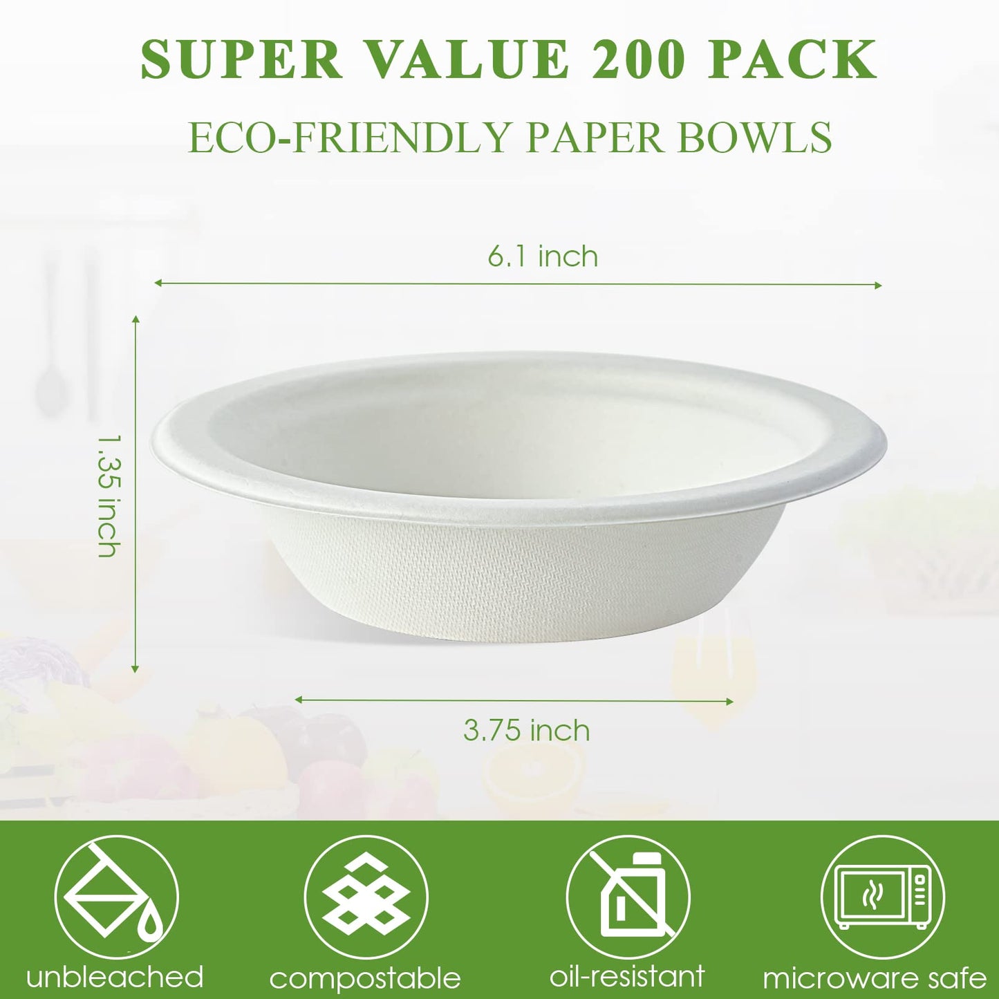Vplus 200 Pack 12 OZ Paper Bowls, Disposable Compostable Bulk, Eco-friendly Bagasse, Heavy-duty Bowls Perfect for Milk Cereals, Snacks, Salads