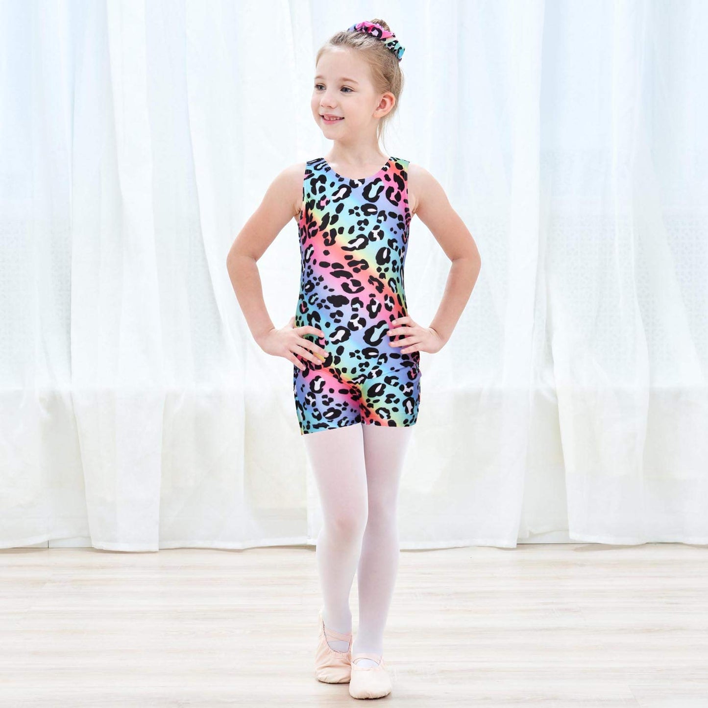 JESKIDS Leotards for Girls Gymnastics with Shorts Dance Biketards Tumbling Matching Hair Scrunchie Leopard 3-4 Years
