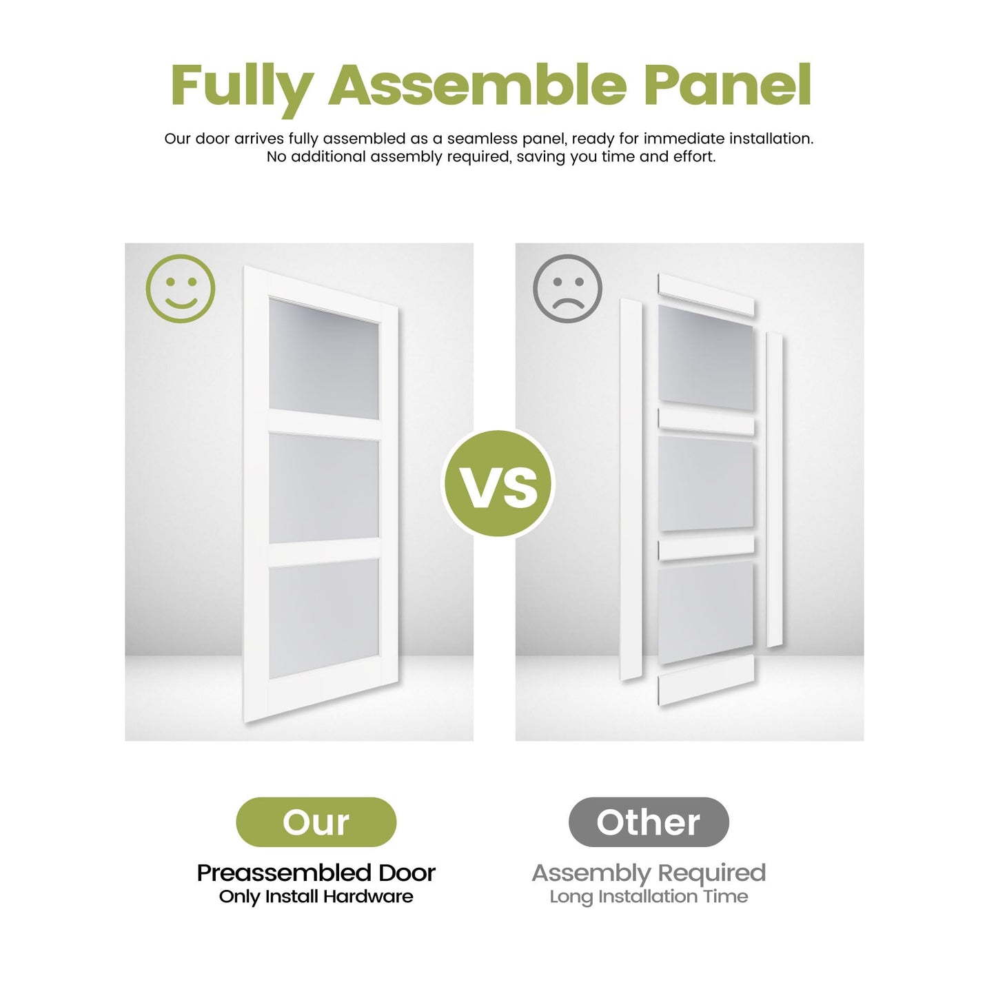 OHTOMO 28"x 80" Interior Door, 3-Lite Frosted Glass Door Slab, Solid Core with MDF Panel, for Bathroom Pantry Laundry Room, White Primed, Without Frame and Hardware Kit