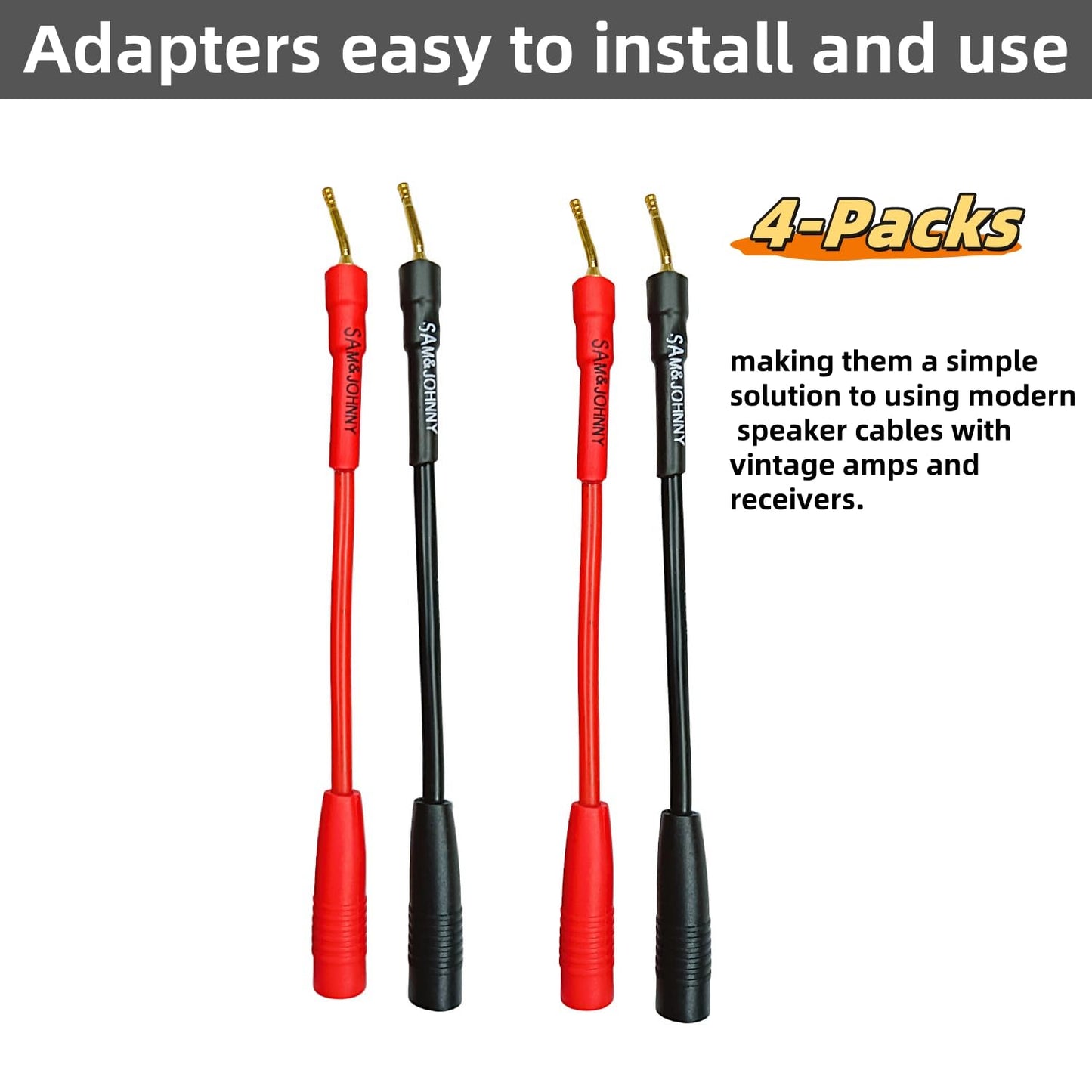 Sam&Johnny 4-Pack 2mm 4mm Banana Plug Adapter - Gold Plated Speaker Wire Connectors to for Amplifier Home Theater Audio