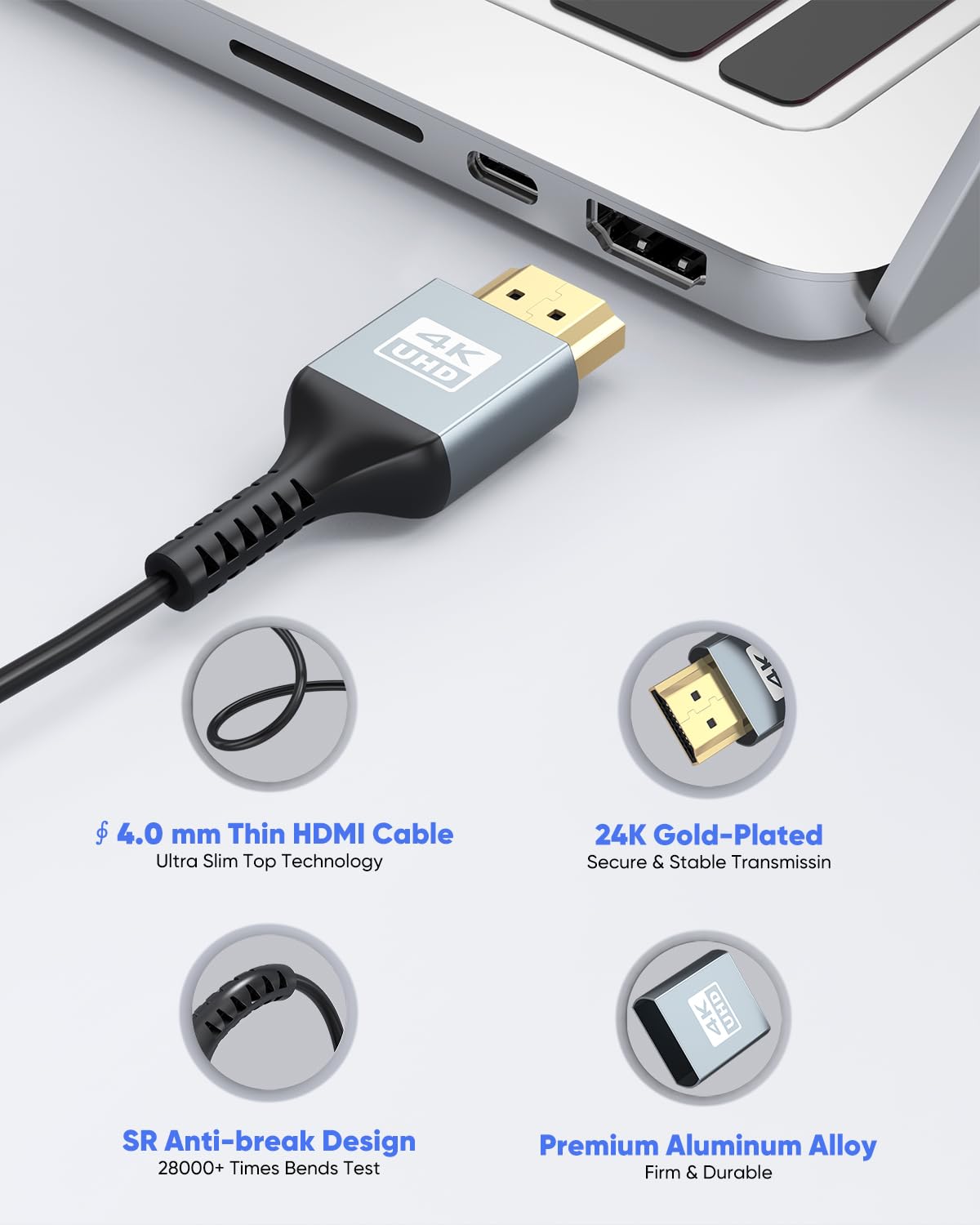 20 4K 20 4K@60Hz, 2K@120Hz, 1080P, 3D PS5/PS4, FT HDMI Cable Thin HDMI Cable, Long HDMI Cord Foot (Slim & Flexible)