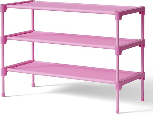 Kitsure Shoe Rack - Stackable Non-Woven Shoe Organizer for Closet & Entryway | 3-Tier, 27.5" Wide, Pink