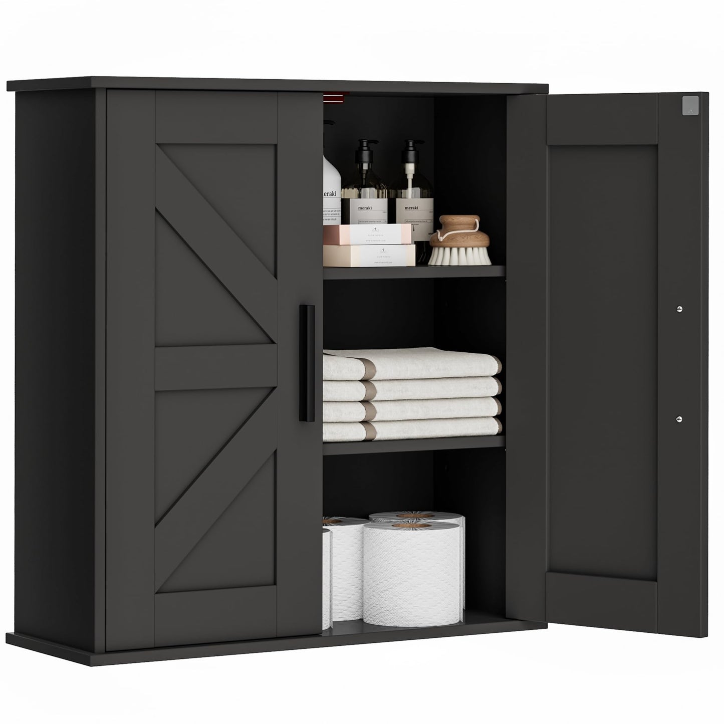 Homleke Bathroom Wall Cabinet, Over Toilet Storage Cabinet with Barn Doors and Adjustable Shelves, 3-Tier Medicine Cabinet Wall Mounted, for Bathroom, Kitchen, Entryway, Laundry Room, Black, (7.9" D)