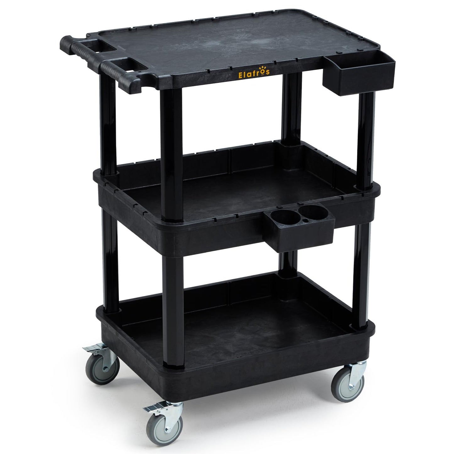 ELAFROS 3-Tier Utility Cart with Flat Top and Deep Shelves, 27.5 x 18.25, Compact Rolling Cart with 4" Wheels, Heavy-Duty Plastic, 330 lbs Capacity for Office, Workshop, Warehouse