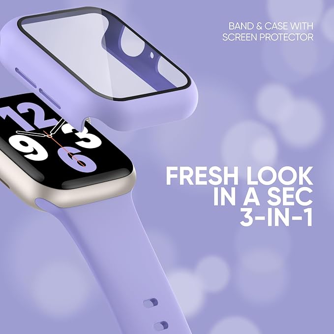 Compatible for Apple Watch Band 44mm 45mm and Case with Screen Protector, Soft Silicone Sport Strap Bands and Protective Cover with Tempered Glass for iWatch Series 9 8 7 SE 6 5 4