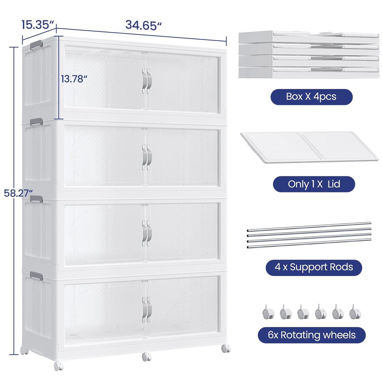 HOCRYPTA 240Gal/960QT 4-Tiers Extra Large Stackable Storage Bins with Lid, Collapsible Cabinet Closet Organizer Plastic Container Box with Wheels Doors Drawers for Living Room Kitchen Office, White
