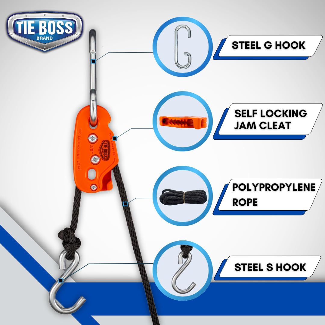 Tie Boss - 3/8 Inch, Heavy Duty, (300 lbs Working Load Limit), Weather Resistant, Tie Down, Rope Tightening System, (w/15 ft Rope) - Orange
