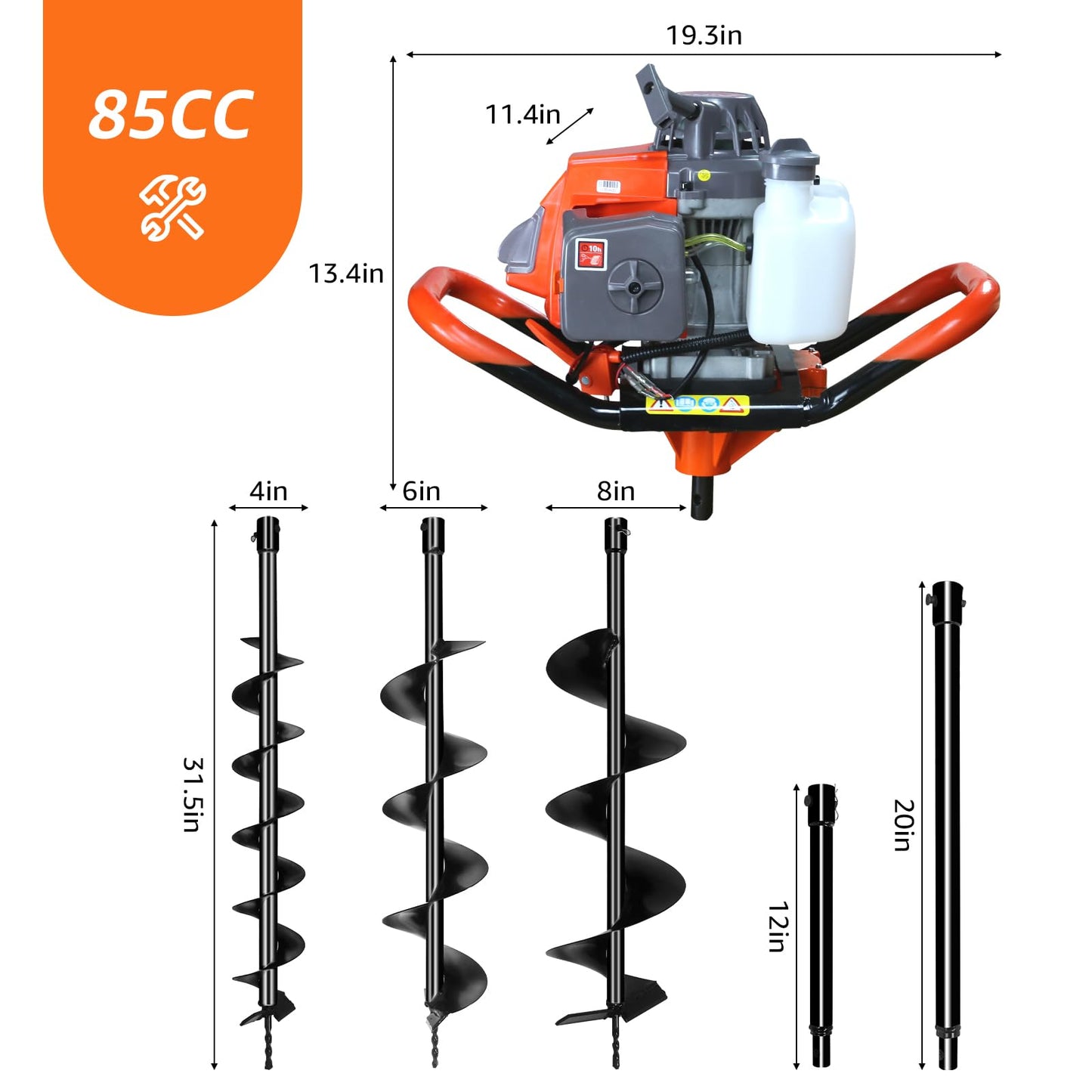 XJADQW 85CC 2-Stroke Gas Powered Post Hole Digger with 4" & 6" & 8" Auger Bits + 12" & 20" Extension Rod, Heavy Duty Earth Auger for Farm, Garden, Landscaping, Construction