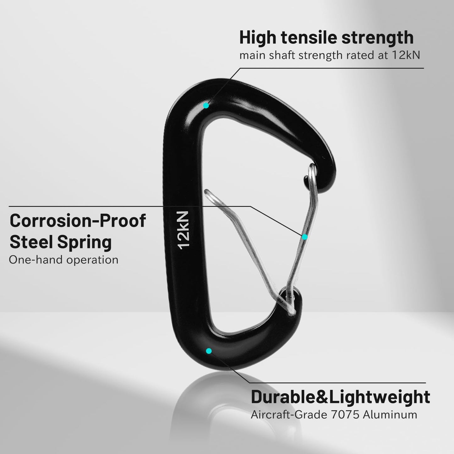 4-Pack Carabiner Clips Heavy Duty-12KN, 7075 Aircraft Aluminum Carabiners with Wiregate - Lightweight, D-Ring Key Hook, Fit for Hammock, Hiking, Camping, Dog Leash, Keychains（Black）