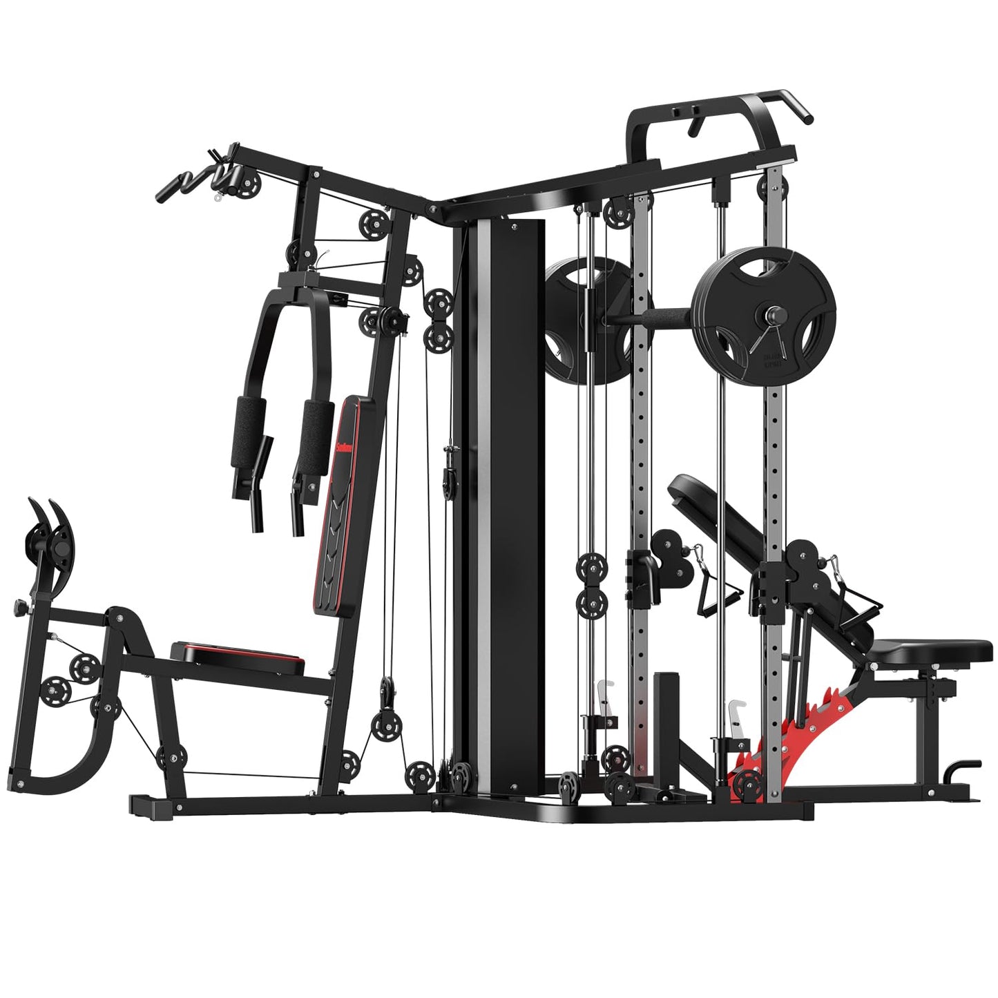 SunHome Multifunction Home Gym Equipment Workout Station, Smith Machine with 138LB Weight Stack and Bench, Leg Press, LAT Station for Full Body Training