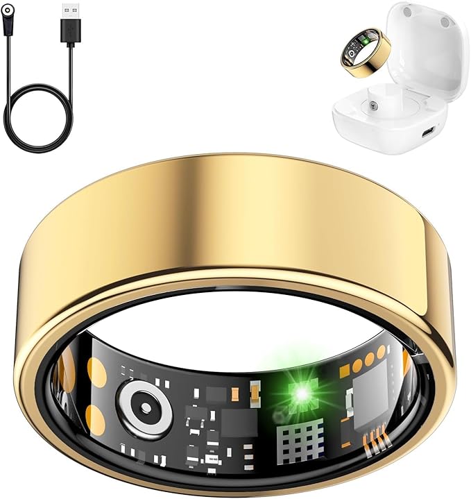 Smart Health Ring for Women Men, Fitness Tracker Ring with Heart Rate, Blood Oxygen, Sleep Tracker, Step Tracker, No Subscription Fee, IP68 Waterproof Smart Ring for iPhone & Android (Gold, 8#)