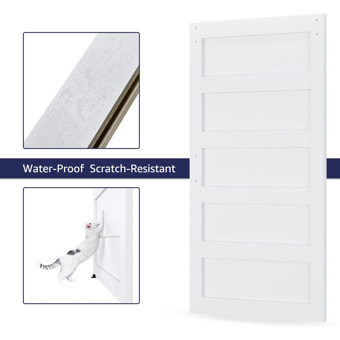 COSHOMER 42in x 84in Sliding Barn Door with 7ft Barn Door Hardware Kit & Handle, Pre-Drilled Holes Easy Assembly -Solid Barn Door Slab Covered with Water-Proof PVC Surface, White, 5 Panel