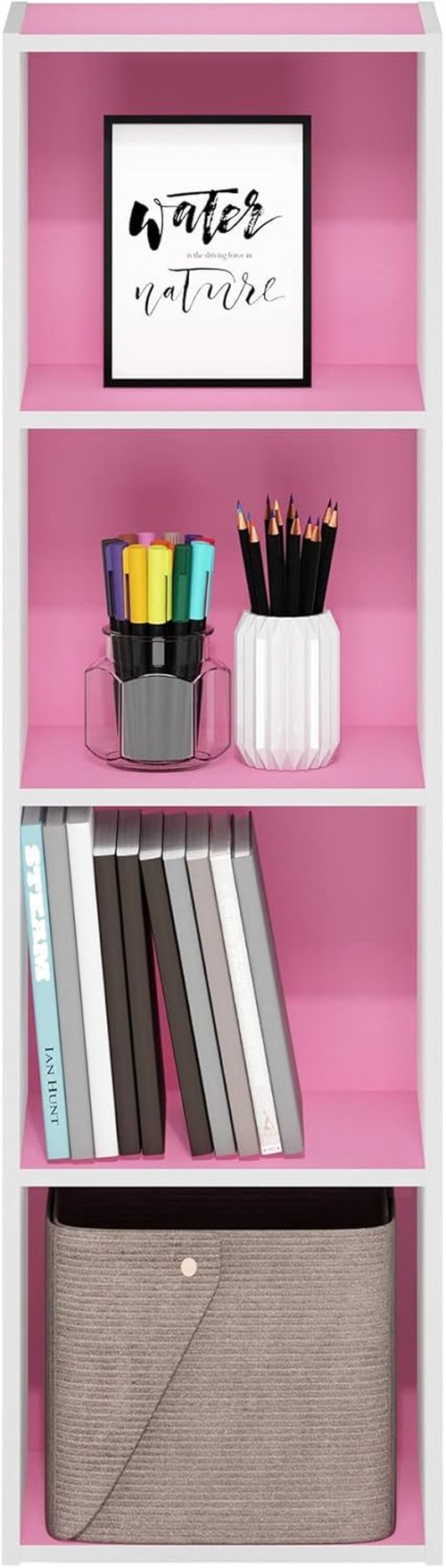 Furinno PASIR 4-Tier Modern Bookshelf - Easy Assembly Open Shelves Bookcase | Pink/White, 9 x 12 x 42