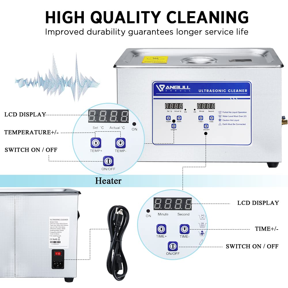 Anbull 22L/5.8Gal 480W Industrial Ultrasonic Cleaner Machine with 304 Stainless Steel and Digital Timer Heater for Wrench Tools Industrial Parts Mental Instrument Apparatus Cleaning