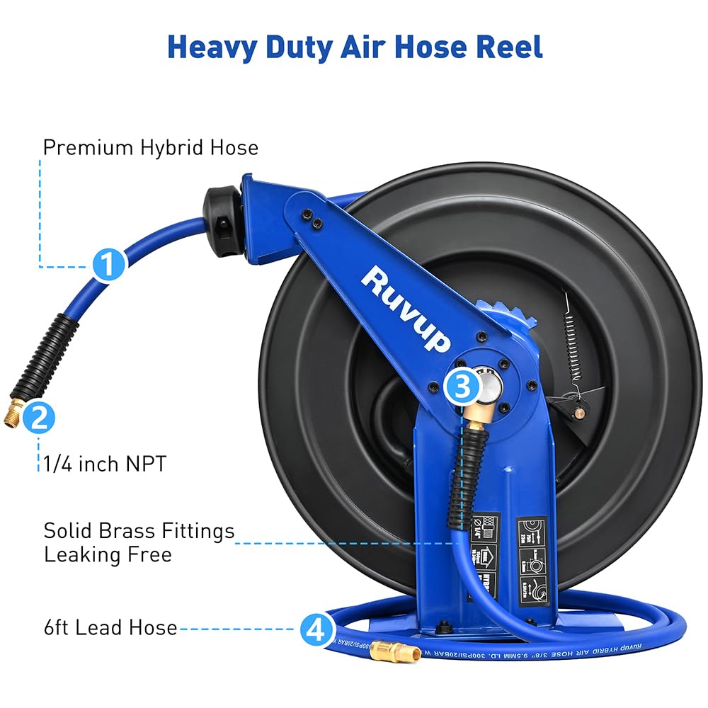 Ruvup Retractable Air Hose Reel, 3/8" x 75ft Air Compressor Hose Reel Auto Rewind Hybrid Hose Max 300PSI with 6.5ft Lead Hose Heavy Duty Steel Double Arm with 12-Position Ratchet Lock