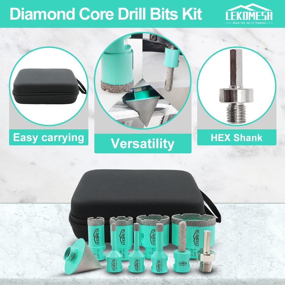 Diamond Hole Saw Kit - 10PCS Tile Core Drill Bits Set for Porcelain Ceramic Granite Marble, Includes 6-65mm Bits, Finger Bit, Chamfer Bit & Adapter, 5/8"-11 Thread