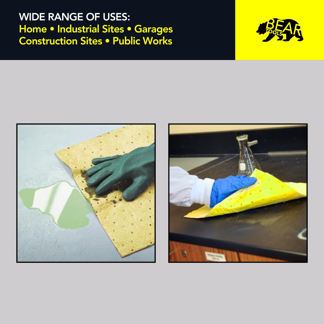 Chemical Absorbent Pads - Absorb Agressive Chemicals, Acids, Alkalis - Spill Control Sheets - 16" x 18", 100 Sheets, Sonic Bonded Core with Spun Bound Top Layer, Yellow - Indoor/Outdoor Use