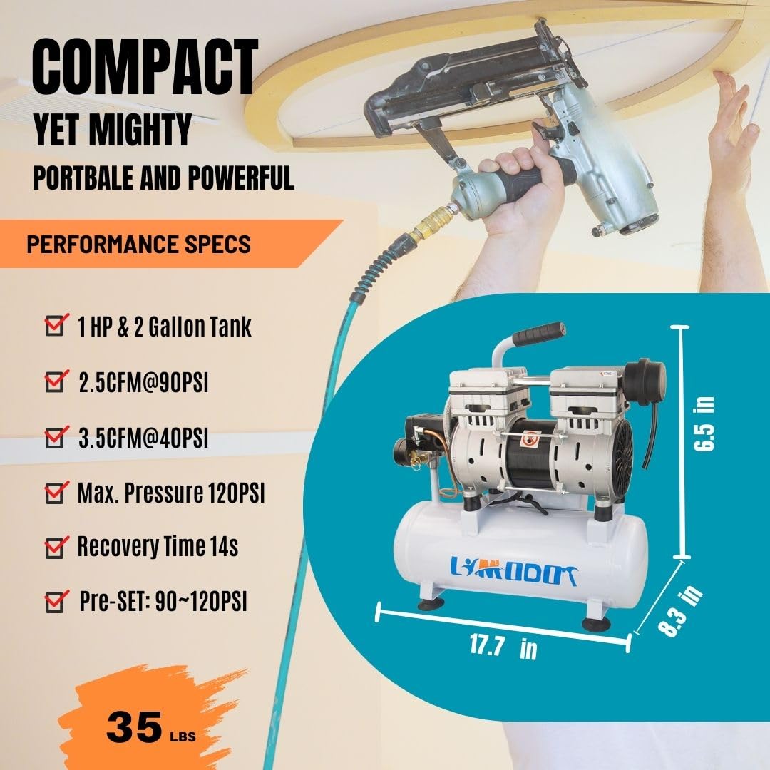 Air Compressor, Ultra Quiet, Only 60dB, 2 Gallon Steel Air Tank, Oil Free, 2.5 CFM at 90 PSI, Fast 14s Recovery Time, Ideal For Shop, Garage, Nail Gun, Pneumatic Tools, 1HP