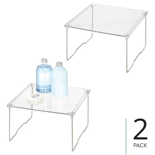 InterDesign iDesign Stackable Organizer-Cabinet Riser for Bathroom Storage-Set of 2-Clear/Satin Stacking Shelf-Small M2