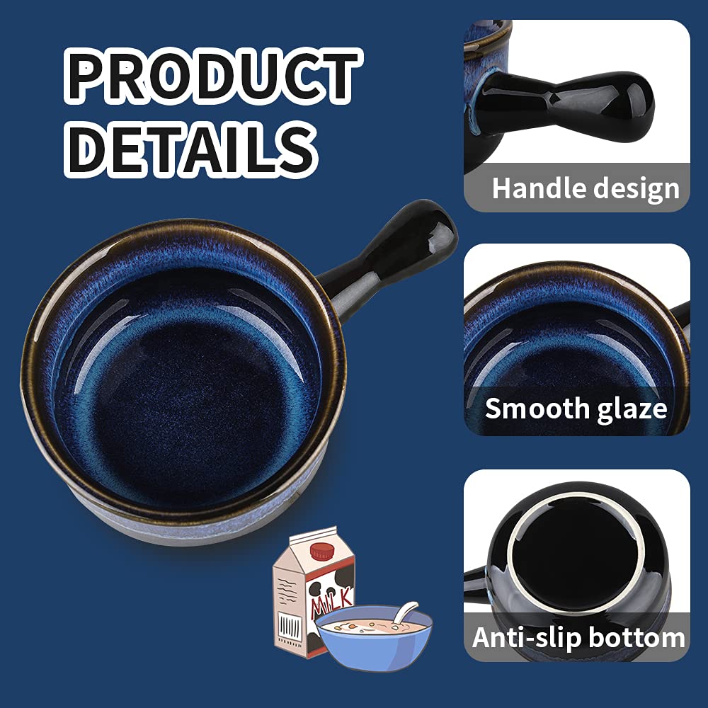 KOOV French Onion Soup Bowls With Handles Microwave Safe, 15 Oz Ceramic Soup Crocks for Oatmeal, Cereal, Stew, dessert, Reactive Glaze Set of 4 (Nebula Blue)