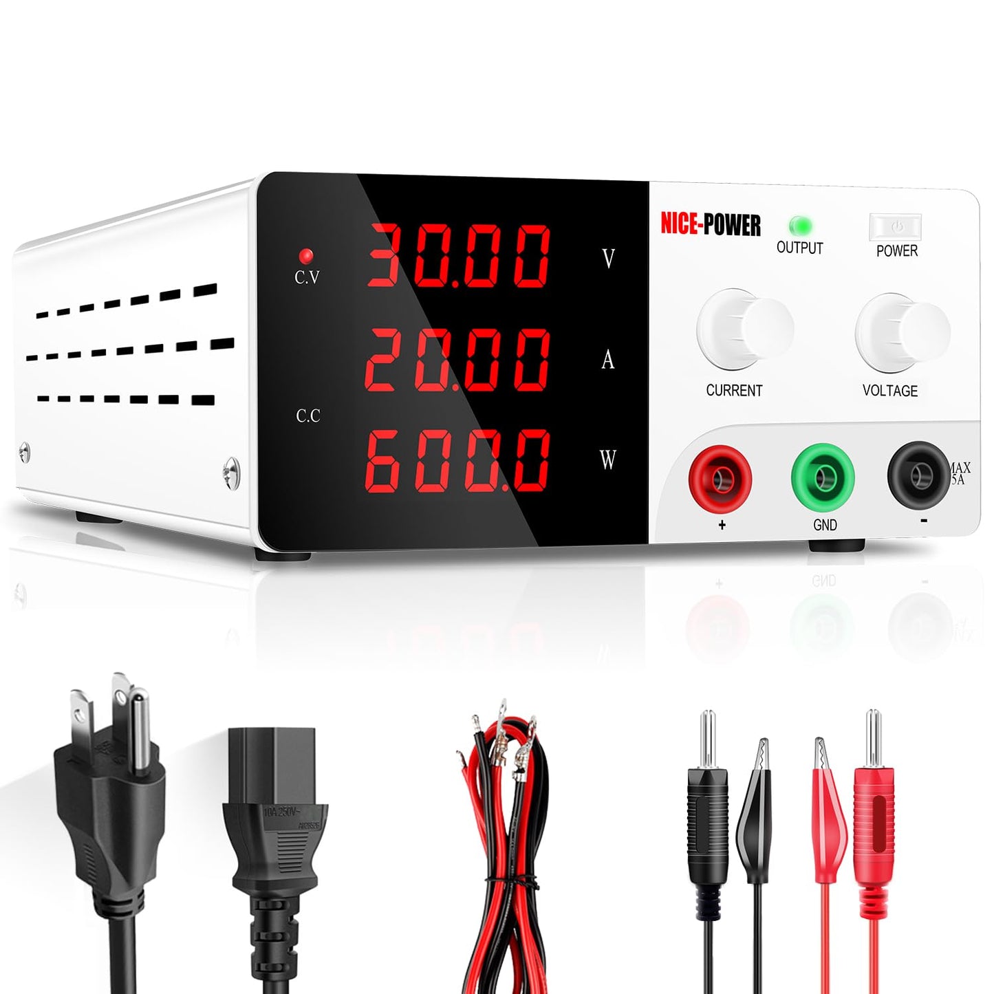 NICE-POWER DC Power Supply Variable, 0-30V 0-20A 600W High Power Bench Power Supply with Encoder Knob & Output Switch, Benchtop Adjustable Switching Regulated Power Supplies for Repair/Test(White)