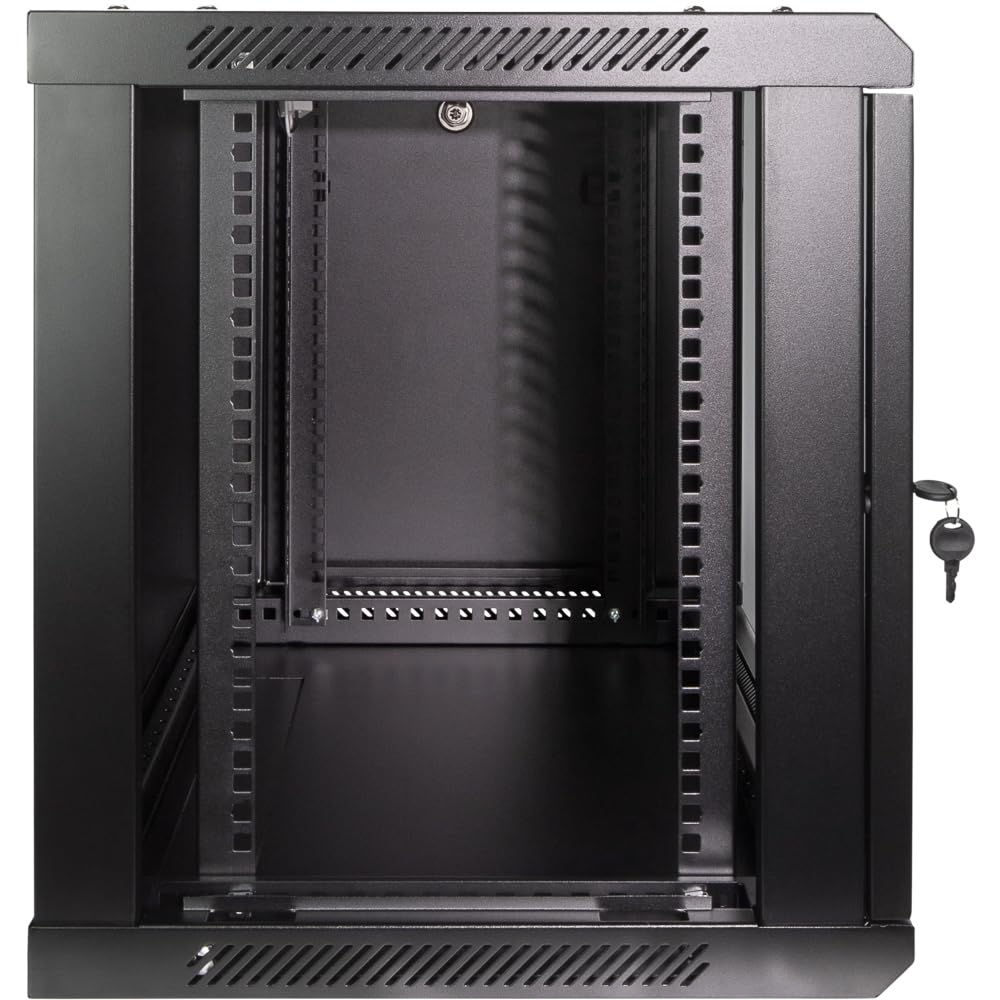 NavePoint 9U Server Rack Enclosure - 17.7” Deep, Wall Mount Network Cabinet with Locking Glass Door for 19” IT Equipment, Network Rack with 2 Fans, Removable Side Panels, Black