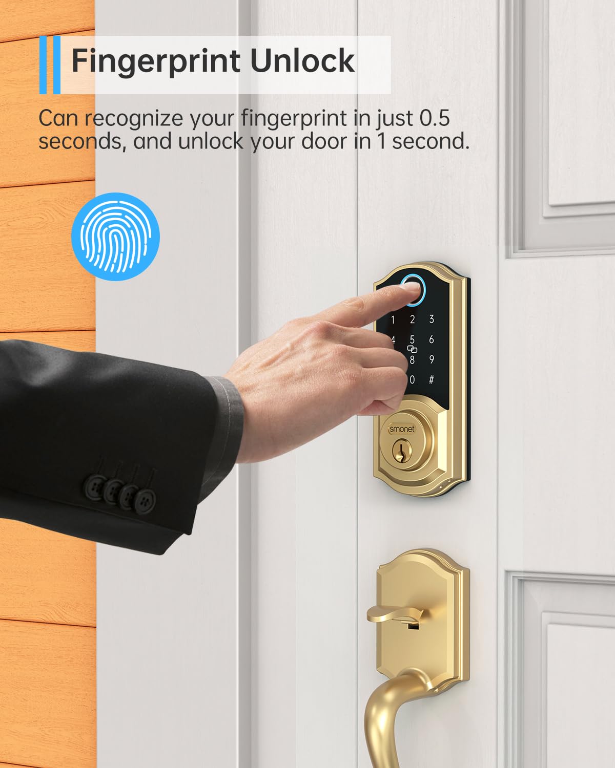 SMONET Smart Lock Brass Fingerprint Deadbolt, Keyless Entry Door Lock with App Remote Control,Electronic Touchscreen Keypad Biometric Smart Locks for Front Door,Auto Lock,Gold