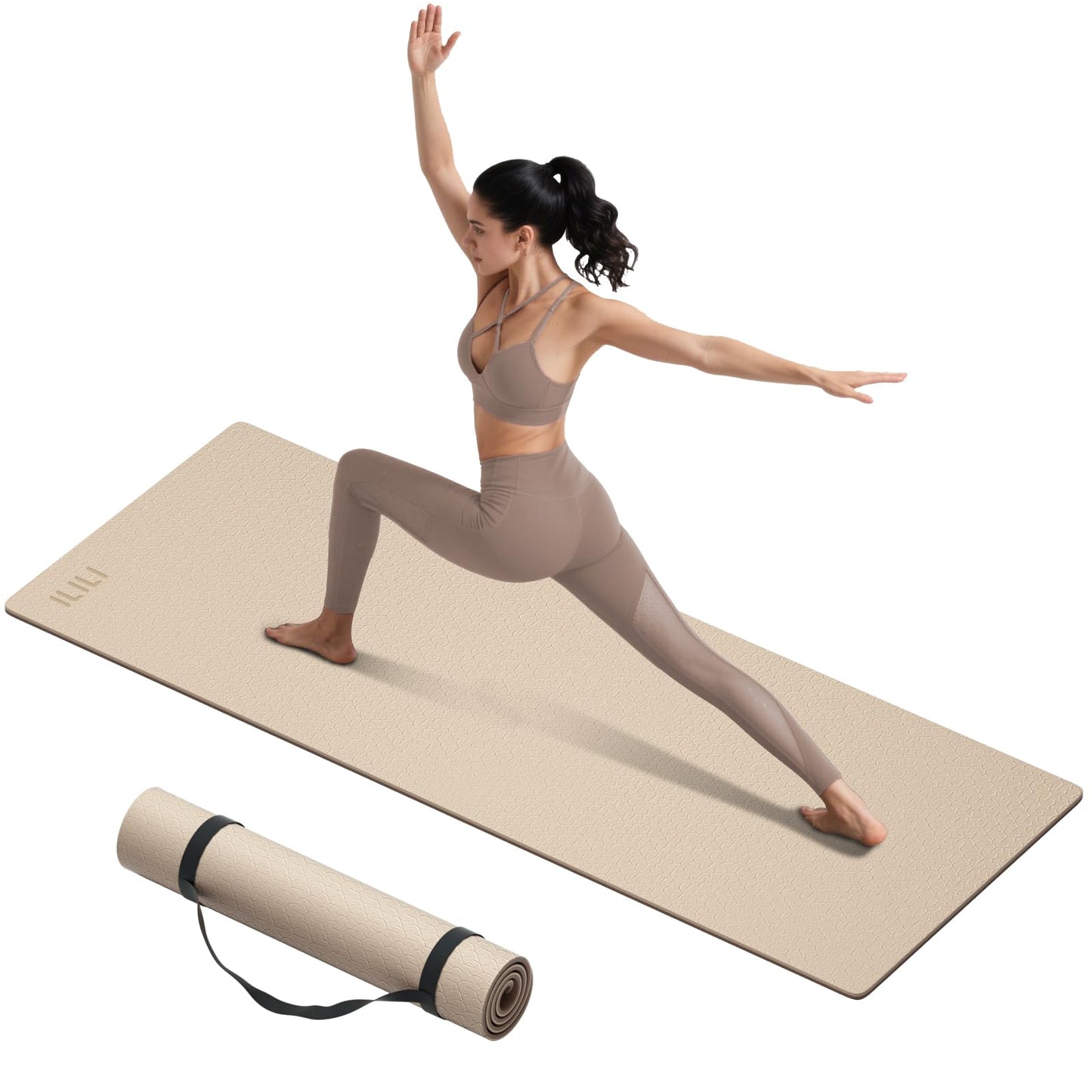 ILILI Yoga Mat 10mm Extra Thick and Extra Long, 76x28×0.4 Inch, Double Color Non-Slip TPE Material, Easy Carrying with Strap, Ideal for Yoga, Pilates, Floor Exercise, Home and Outdoor Use, Eco Friendly (Beige+Brown)