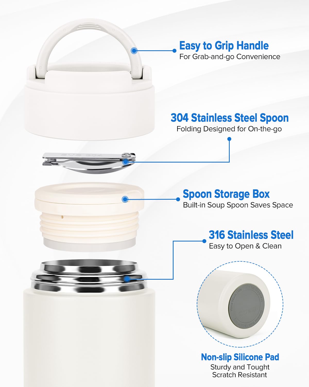 TSAKBAM Thermo for Hot Food,17OZ Wide Mouth Insulated Food Container with Spoon & Handle, Stainless Steel Hot Lunch Box for Adults (White)