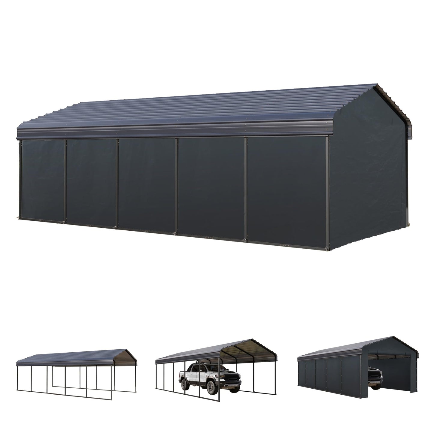 Carport 12x25 ft, Heavy Duty Car Ports Porable Garage Kit Shed Tent Shelter Metal Frame All Weather Outdoor for Boat with Removable Sidewalls, Grey