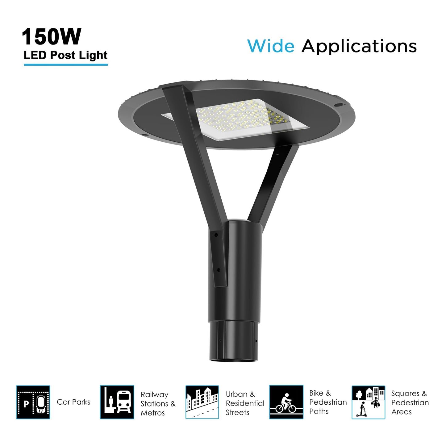CFY LIGHTING 150W LED Post Top Light 18000Lm 4000K LED Circular Area Light AC120-277V 1-10V Dimmable Outdoor Pole Lights Fixture for Garden courtyards Squares and Pedestrian Streets