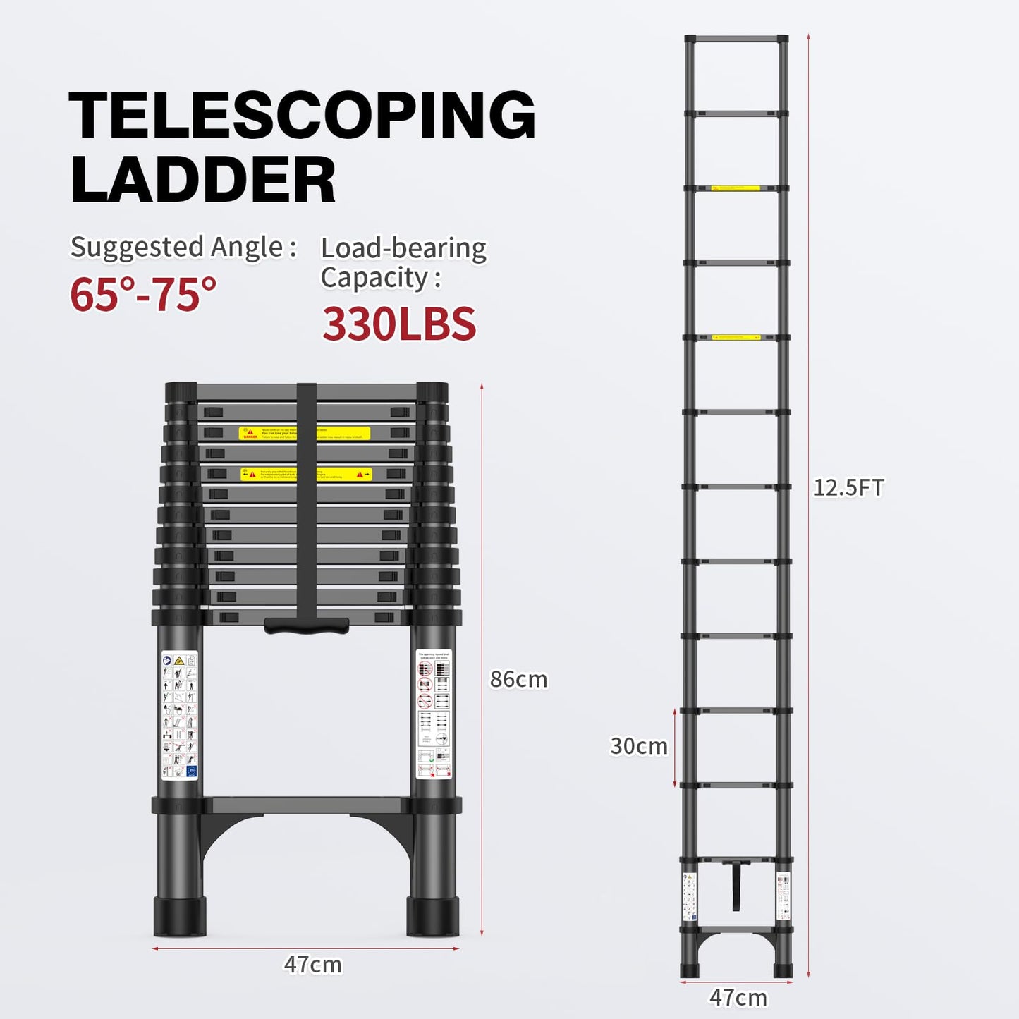 12.5FT Telescoping Ladder, 330lb Capacity Aluminum Heavy-Duty Extension Ladder with Anti-Slip Steps for Secure Attic Access, Roof, and Home Renovation Projects
