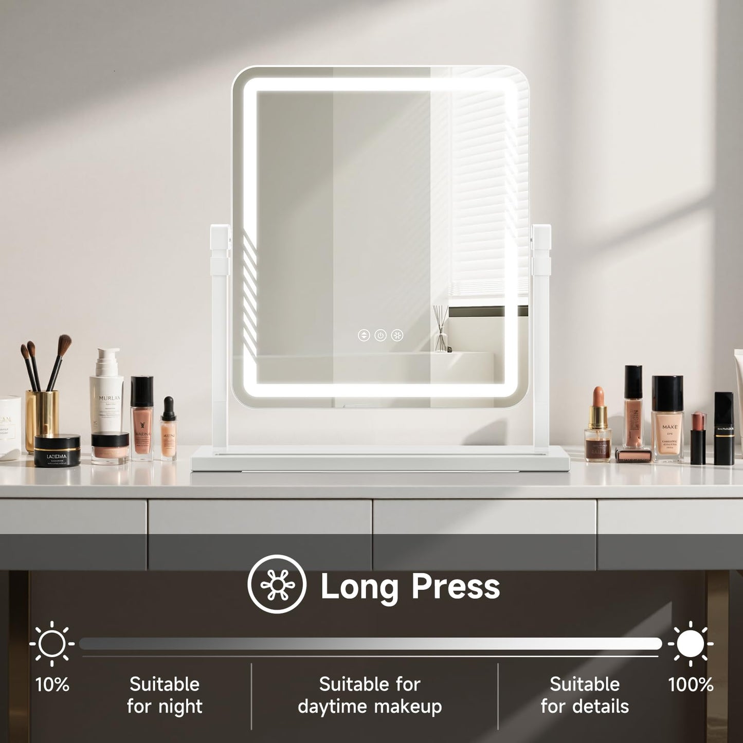 Kcavvi Makeup Mirror with Lights, Height-Adjustable & 360° Rotation, 1/10X Magnification, Three Color Lighting Modes, Vanity Mirror Smart Touch Control, Large Vanity Desk Mirror (17.5in,White)