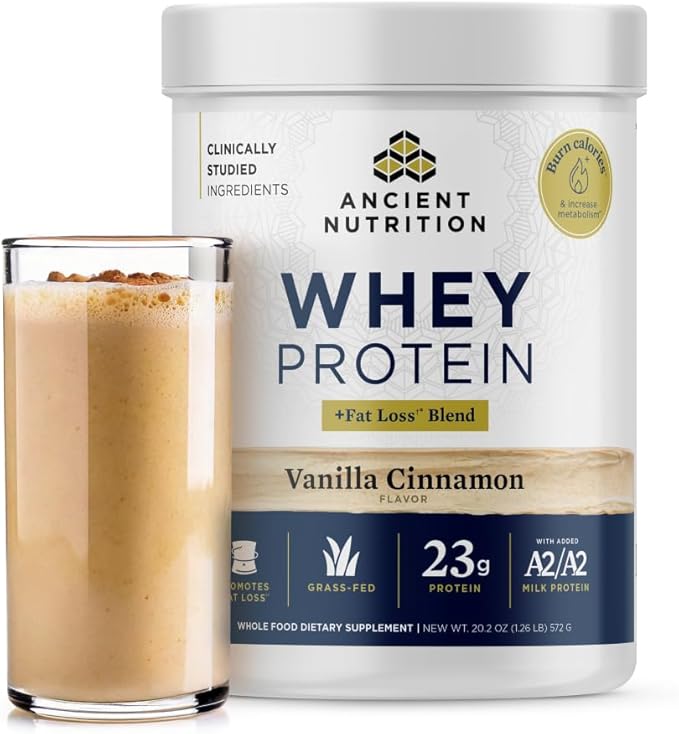 Ancient Nutrition Grass Fed Whey Protein + Fat Loss Blend, Vanilla Cinnamon, 23g Protein, Promotes Fat Loss and Boost Metabolism, Organic Regenerative A2/A2 Milk Protein,18 Servings