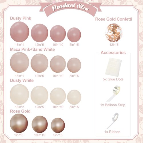 Celebloom Dusty Pink and Rose Gold Balloon Arch Kit, 134pcs Double Stuffed Light Pink Dusty White Metallic Gold Confetti Balloons Garland Kits for Birthday Wedding Baby Shower Bridal Party Decorations