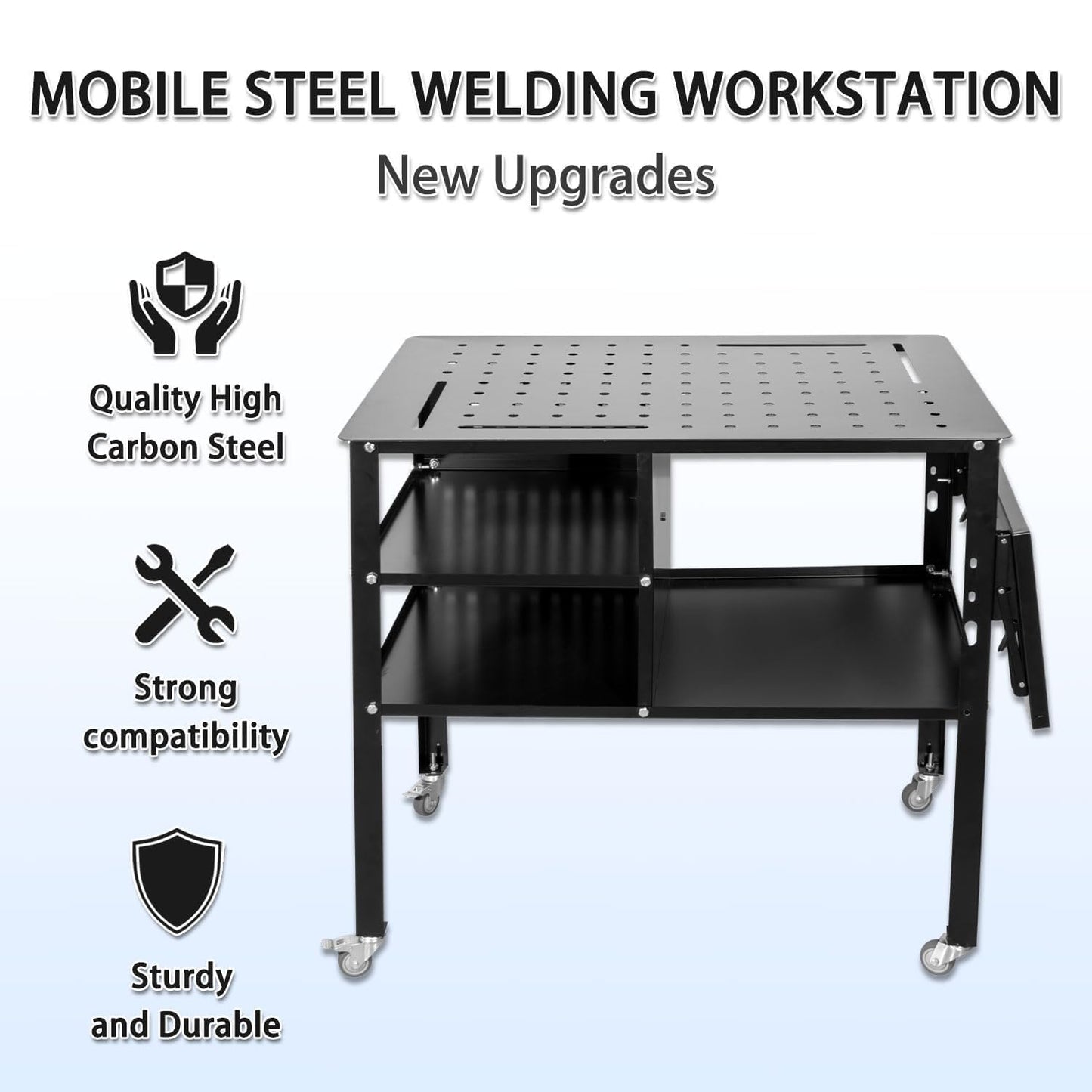Portable Welding Table with Foldable Side Panels, Mobile Workbench Cart with Wheels for Factory, Garage & Welding Applications，Black,34'L × 24'W × 33.5'H