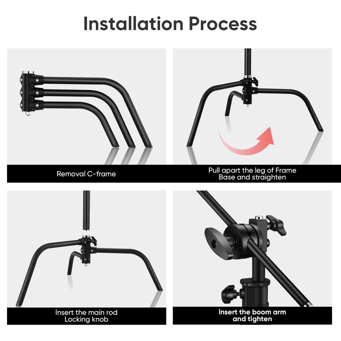 Soonpho 2 Pack 100% Heavy-Duty Steel C-Stand, Pro Photography Light Stand with 3.5'/108cm Extension Arm, Grip Head, Turtle Base for Studio Monolight, Softbox, Reflector, Max Height 10'/305cm – Black