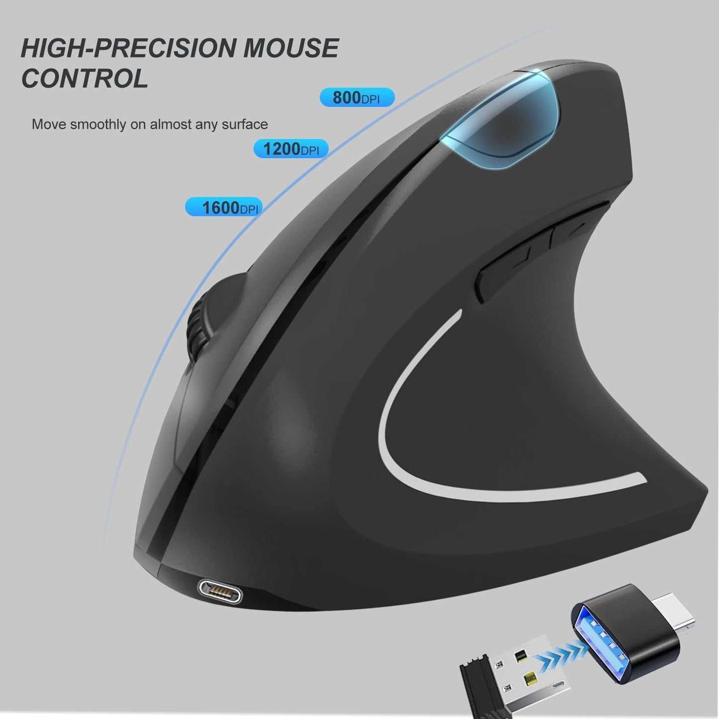 Vassink C(2 1) 800/1200/1600 6 2.4GHz Ergonomic WirelessMouse, USB A+Type in Connection, DPI, Silent Buttons, Carpal