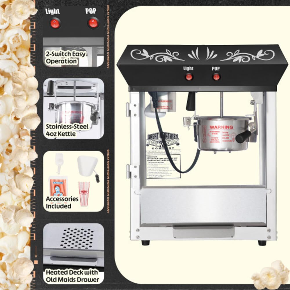 Popcorn Machine - 4oz Popper with Stainless-steel Kettle, Heated Warming Light, and Old Maids Drawer by Great Northern Popcorn (Red)