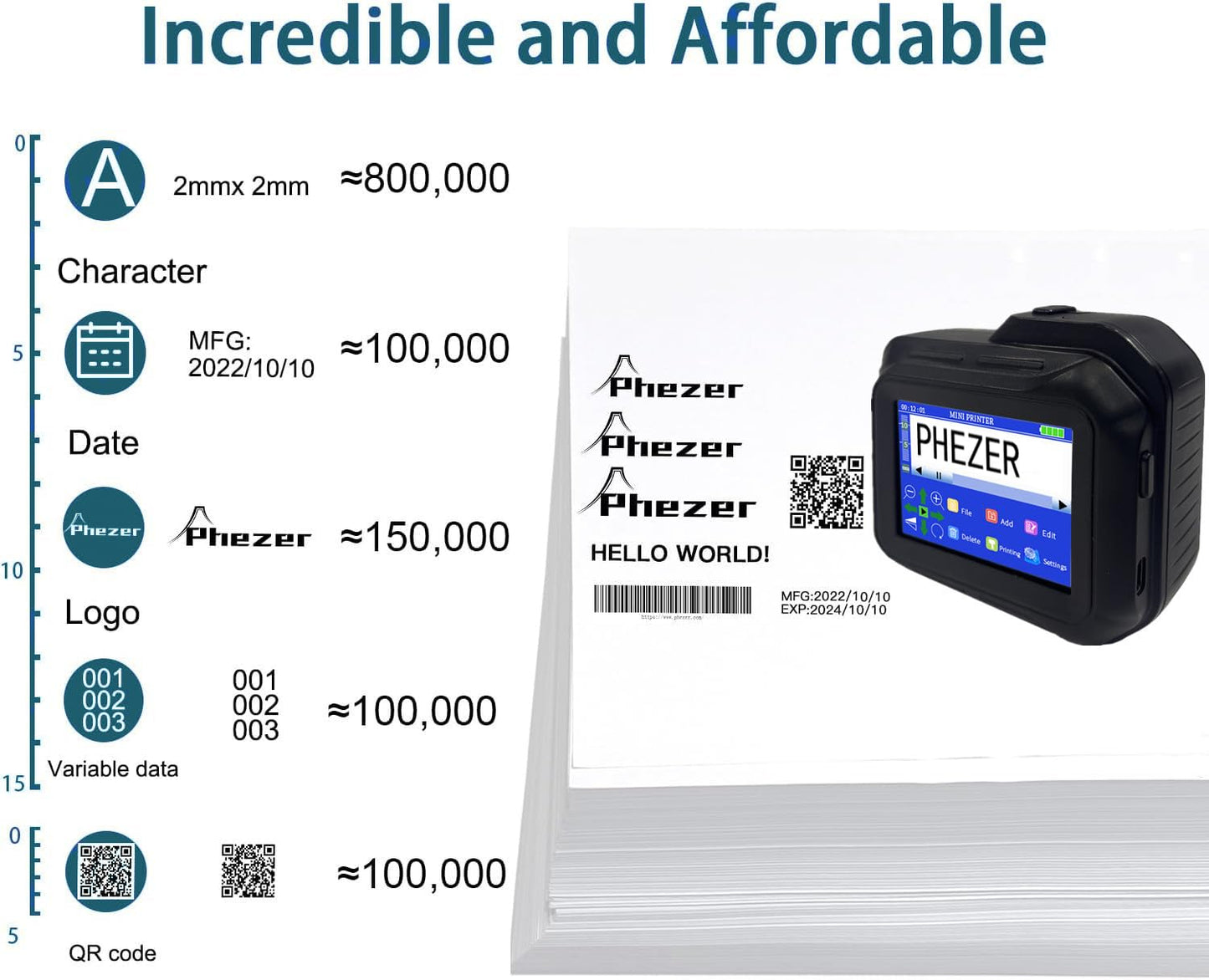 Phezer A Set PC98 Mini Inkjet Printer for Any Surface, with 2 Pcs Original Solvent Ink Cartridge (Black)