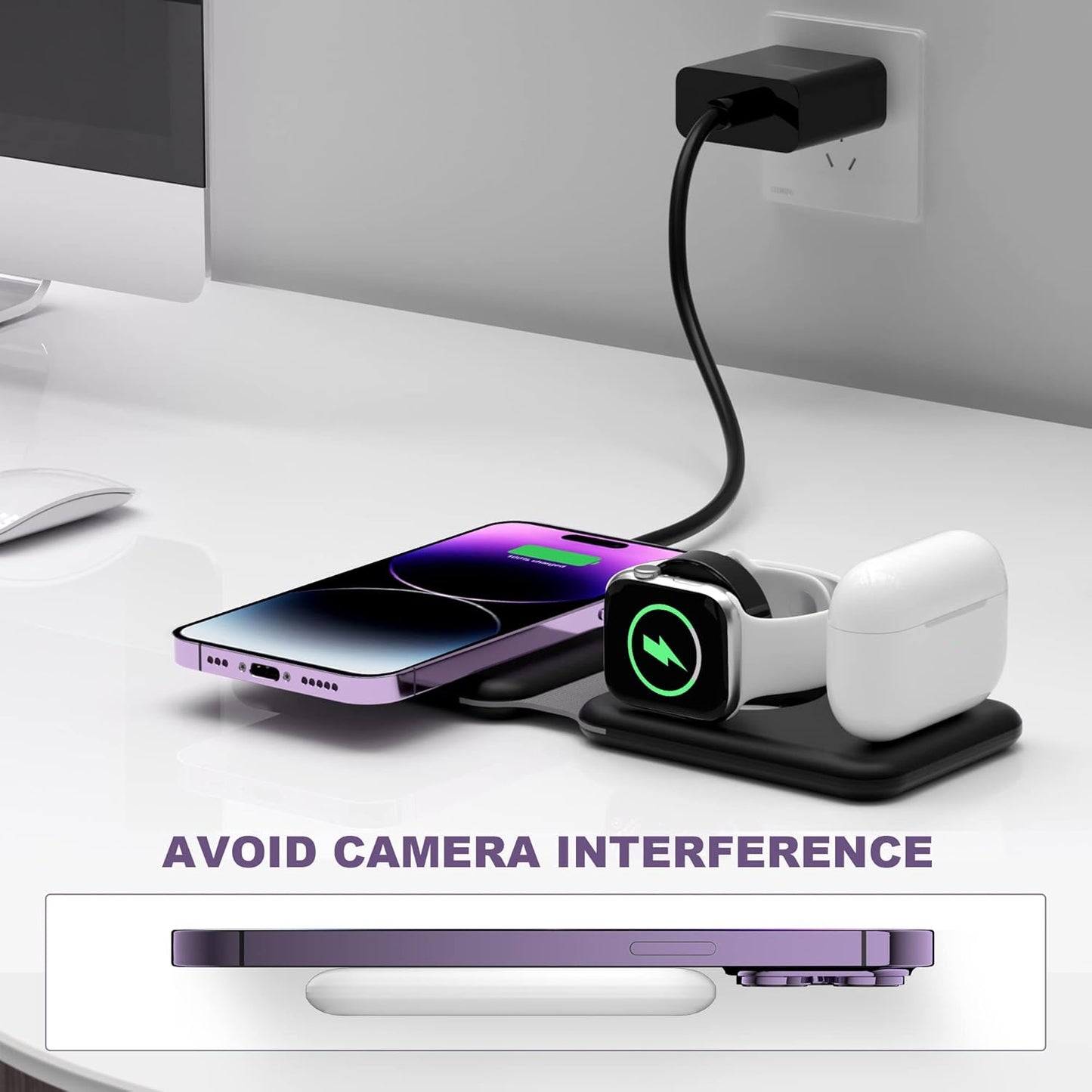 3 1 in Wireless Charger, Foldable Magnetic Charging Station, Fast Travel Wireless Charging Pad for Multiple Apple