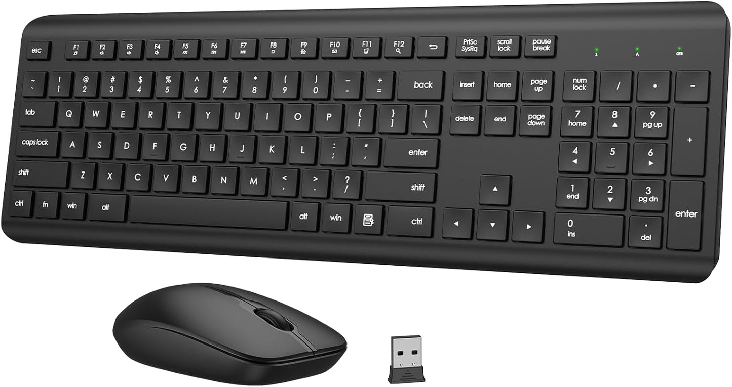 QUASIO 2.4GHz Wireless Keyboard and Mouse Combo, Full-Size Silent Ergonomic Keyboard and Optical Mouse, Long Battery